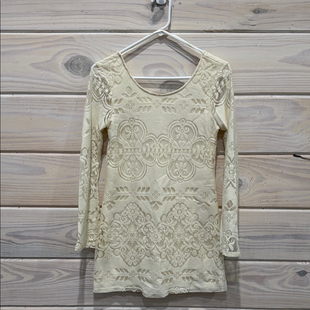 Red Camel Cream Lace Long Sleeve Dress